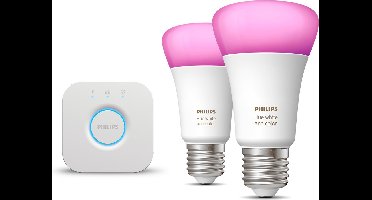Philips Hue Starterspakket - E27 - met 2 Standaard Lampen - Wit en Gekleurd Licht - Incl. 1 Hue Bridge - Hue White and Color Ambiance