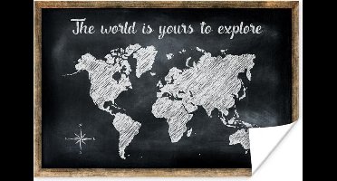 Poster Wereldkaart - Wit - Krijtbord - 30x20 cm