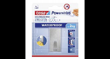 tesa® Powerstrips Waterproof Kleefhaak L - Rechthoekig - Montage ZONDER Boren - Roestvrij Staal (RVS) - Draagkracht 2 kg - Voor Badkamer en Douche
