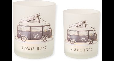 Boltze - Waxinehouders - Set van 2 - Always Home - Camper - Camperen - Vanlife - 10x9 en 8x7cm - Glas