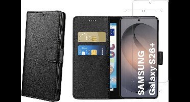 Hoesje Portemonnee geschikt voor Samsung Galaxy S26 Plus Zwarte portemonnee met magnetische klep en kaartopslag en 2 stuks Screenprotector Gehard Glas