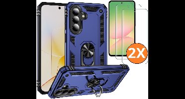 Hoesje Geschikt voor Samsung Galaxy A57 4G / 5G Hoesje Blauw Anti-Shock Hybrid Armor hoesje Met Draaibare Ring Houder - Samsung A57 Screenprotector 2 pack