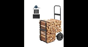 Brandhoutwagen - Kar - Steekwagen - Houtkar op Wielen voor Binnen en Buiten - Houtopslagwagen met Handgreep en Onderlade – Stalen Brandhoutdrager voor Openhaard of Vuurkorf - 100kg - Zwart