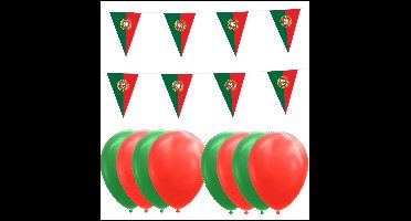 Portugal feestpakket Big – 6x Vlaggenlijn 10 meter + 100 ballonnen rood/groen - Versiering Slinger Feestdecoratie Decoratie