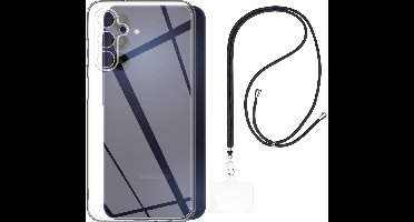 Set met hoesje en nekband voor Samsung Galaxy a15 - Flexibele, transparante TPU-bescherming, verstelbare universele nekband voor mobiele telefoons, zwarte nekband, transparante draagriem van Phonillico®