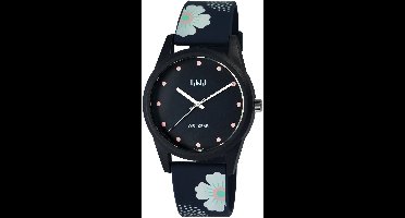 Q&Q V08A-003VY - Horloge - Sport - Analoog - Dames - Vrouwen - Kinderen - Plastic band - Rond - Kunststof - Stippen - Bloemen - Donkerblauw - Multikleur - 10 ATM