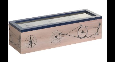 ITEM Theedoos maritiem - 4-vaks - blauw / bruin - hout - 30 x 9 x 8 - doorzichtige deksel - theezakjes opbergen