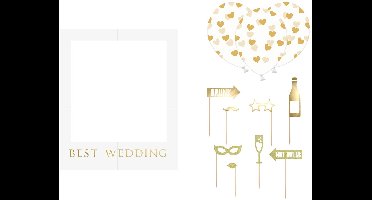 PARTYDECO - Complete Photobooth Kit Bruiloft Wit en Goud 12 Stuks met Frame