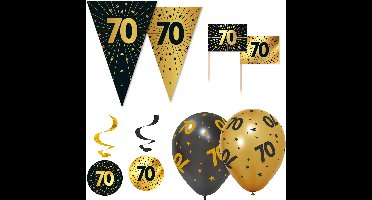 Feestpakket 70 jaar Zwart Goud XL – Vlaggenlijn 10 meter + 6 Ballonnen + 50 Prikkers + 4 Swirls – Golden Celebrations Decoratie