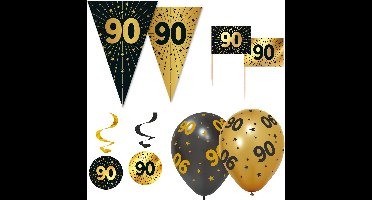 Feestpakket 90 jaar Zwart Goud XL – Vlaggenlijn 10 meter + 6 Ballonnen + 50 Prikkers + 4 Swirls – Golden Celebrations Decoratie