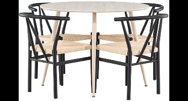 Plaza eethoek tafel Ø100cm en 4 stoelen met armleuningen stapelbaar whitewash.