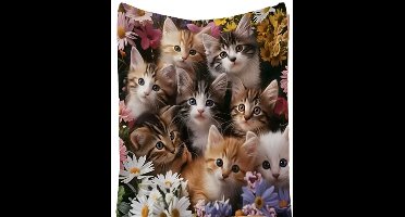Fleece deken - kittens - katten - poezen - bloemen - margrieten - flanel - plaid - 130 x 150 cm