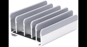 Verstelbare universele standaard met opbergruimte voor meerdere apparaten, geschikt voor tablets en mobiele telefoons.