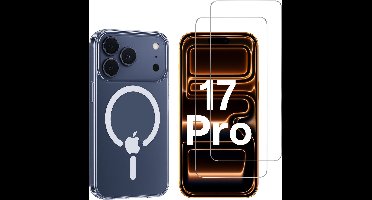 iPhone 17 Pro Hoesje backcover Shockproof siliconen Transparant met geïntegreerde magnetische cirkel en 2 stuks Screenprotector Gehard Glas