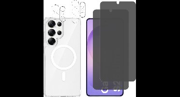 Samsung Galaxy S26 Ultra Hoesje backcover Shockproof siliconen Transparant met geïntegreerde magnetische cirkel en 2 stuks Screenprotector Gehard Glas + 2 stuks Beschermglas Privacy Glas Screenprotector + 2 stuks Camera Protector