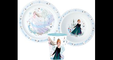 Disney Frozen Serviesset - Beker 260 ml - Diepe kom - Plat bord - 3 stuks - Voor verjaardagen en feestjes - Antislip - Journey - Voor kinderen - Voor meisjes