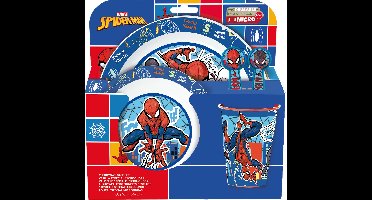 Marvel's Spider-Man Kinderservies - 5-delig - Herbruikbaar - Inclusief bord, kom, bestek en beker - Vaatwasser- en microgolfbestendig & BPA-vrij - Wit/Blauw/Rood