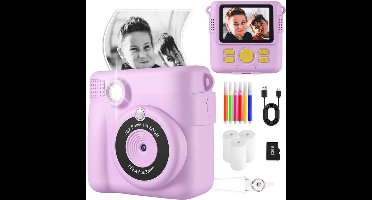 Instant fotocamera voor kinderen - 24 MP - 1080P HD - met 32 GB kaart, 3 rollen fotopapier en 6 gekleurde pennen - Instant fotocamera - 2,4 inch instant camera voor kinderen - speelgoedcadeau voor kinderen - paars