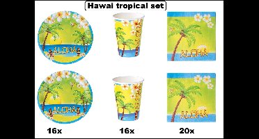 Hawai/tropical summer set - 16x Aloha Bord 23cm + 16x Aloha beker 180ml + 20x Aloha servet 33cm - Tropisch beach party