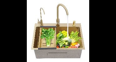 Enkele Spoelbak – Keukenspoelbak – Inbouwspoelbak – Onderbouwspoelbak – RVS Goudkleurig – 60x45 cm – Inclusief 2 Kraan Gaten, Zeepdispenser en Afloopmandje