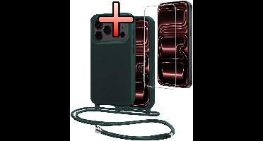 Hoes Geschikt voor iPhone 17 Pro Max Met Telefoonkoord Met Screenprotector - Siliconen Hoesje Backcover Met Ketting - Donkergroen