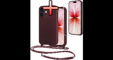 Hoes Geschikt voor iPhone 17 Met Telefoonkoord Met Screenprotector - Siliconen Hoesje Backcover Met Ketting - Aubergine