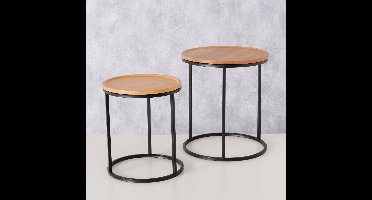 Bijzet tafel - Bamboe Hout - 2set - ijzer - Hoog 45.50cm en 38.50cm - Ø33cm en Ø40cm- Zwart - Bruin