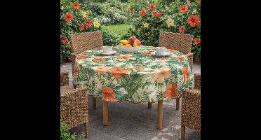 Unique Living Tafelzeil - Hibiscus Bloemen - 160CM Rond - Ecru/Multi