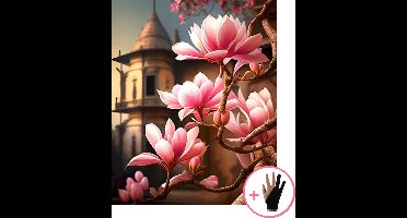 HobbyMania Schilderen Op Nummer Volwassenen - Toren met Magnolia Bloesem - Inclusief Verf Penselen en Tekenhandschoen - Kleuren Op Nummer - Paint By Number Volwassenen - 40x50 cm