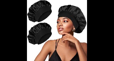 Crrynuo - 2 Stuks Satijnen Slaapmuts - Satijnen Bonnet - Hoofddoek - Polyester - Zwart - Elastisch - Anti-Slip - Beschermt Haar - Breed Toepasbaar