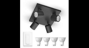 Philips Hue Runner Opbouwspot (Zwart) - Warmwit Licht - Incl. Hue Dimmer Switch - Plafondspot met 4 Lichtpunten - GU10 - Hue White