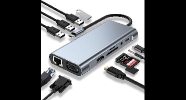 USB C HUB, USB C-adapter 11-in-1 dongle met 4K HDMI, VGA, Type C PD, USB 3.0, RJ45 Ethernet, SD/TF-kaartlezer, 3,5 mm AUX, dockingstation Geschikt voor MacBook Pro/Air, andere Type C-laptops