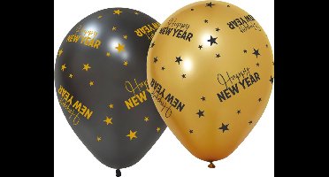 6 ballonnen 12" 3 met goud / 3 zwart - Happy New Year Golden Celebrations