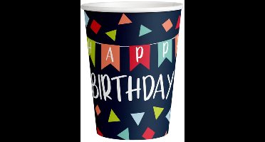 Set 8 kartonnen verjaardags FSC bekers 250ml "Happy Birthday", navy blauw met confetti