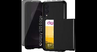 Hoesje met Pasjeshouder geschikt voor Samsung Galaxy S25 Edge - Privacy Screen Protector FullGuard - Back Cover SlideCase Zwart & Screenprotector