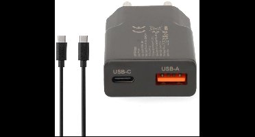 Nedis Oplader - 30 W - GaN - PD3.0 - 1.5 / 2.0 / 2.5 / 3.0 A - Outputs: 2 - USB-A / USB-C - USB Type-C (Los) Kabel - 1.50 m - Automatische Voltage Selectie - Zwart