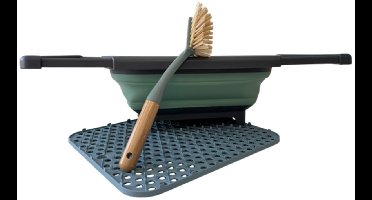 HEM Opvouwbare Afwasteil met Ingebouwde Stop 8L, Bamboe Afwasborstel en Blauwe Siliconen Afdruipmat 29,5x26 cm – Complete Set voor Camping en Thuisgebruik