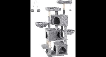 Hoppa! - Krabpaal Groot met 3 Kattengrotten - Grijs - 41 x 56 x 164 cm (L x B x H)