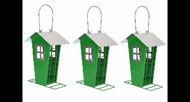 3x Tuinvogels hangende voeder silo/voederhuisje groen - 14 x 13 x 19 cm - Winter vogelvoer huisjes voor vetbollen of pindas