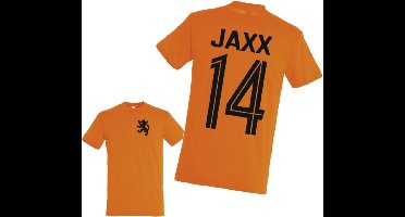 T-Shirt Oranje - Kinderen - Rugnummer en Naam - Nederlands elftal - Leuk voor het WK - Maat 10 jaar - Vergeet niet te mailen voor de naam en rugnummer.