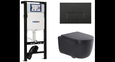 QeramiQ Dely Swirl Toiletset - 36.3x51.7cm - Inbouwreservoir met Geberit UP320 spoelmechanisme - 35mm zitting - mat zwarte bedieningsplaat - rechthoekige knoppen - mat zwart