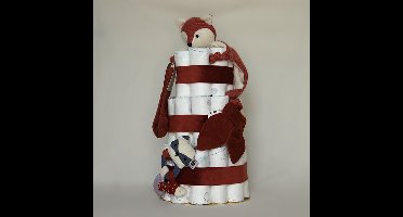 Luiertaart - unisex roodbruin - Pampers luiers - kraamcadeau baby - babyshower cadeau - knuffeldoek vos - rammelaar - bijtring - sokjes