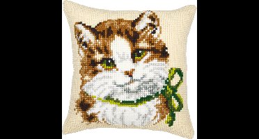 Vervaco - Kruissteekkussen kit - 40 x 40cm - Poes met strik op creme achtergrond - PN-0008612