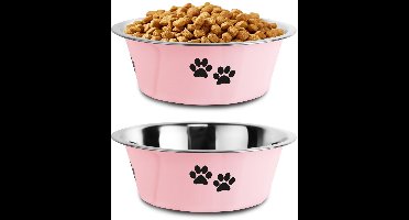 Set van 2 - Voerbakken - Voerbakken voor huisdieren - Roestvrij staal - Antislip rubberen voet - 21 cm - Bedrukt - Voerbak - Waterdispenser - Geschikt voor kleine, middelgrote en grote honden - 21 cm - 1450 ml - roze