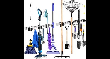 Set van 2 bezemhouders van roestvrij staal voor tuingereedschap. Zelfklevende set met 8 houders en 6 haken voor kast, balkon en badkamer.