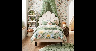 ADFBL Bed 90x200 Beige - Fluweel Eenpersoonsbed met Schelpvormig Hoofdbord | Kinderbed Bloem Design