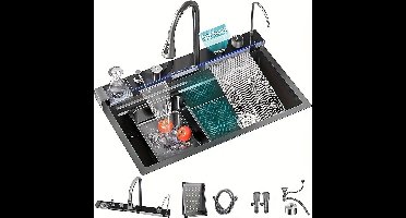 Keukenkraan – Keukenspoelbak – Spoelbak – Mengkraan – Waskraan – Roestvrijstaal – Dubbele Kom – Ondermontage – 3-in-1 Kraan Met LED Temperatuurdisplay – Modern Gunmetal Design