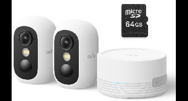 eufy Security eufyCam C35 2-Cam Kit, Wit, Draadloze Beveiligingscamera, Voor Buiten en Binnen, Magnetische Bevestiging, Kleurennachtzicht, Lokale Opslag, Geen Maandelijkse Kosten, IP67, Gezichtsherkenning + MicroSDXC 64GB - Bundelvoordeel