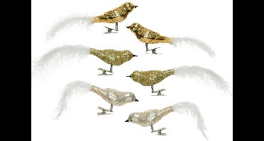 Decoris Kerst vogels - 6x st - op clip - goud - 8 cm - glas - kerstornamenten - kerstversiering - vogeltjes