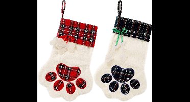 2stuks - Kerstversieringen - Kerstsokken - Kerstboomversieringen - Hondenpootafdrukken en ruitjespatroon - Kerstsokken voor bij de open haard - Geschikt voor Kerstmis - Cadeauzakjes met huisdierenthema - 45 cm - Rood en groen kleurenschema